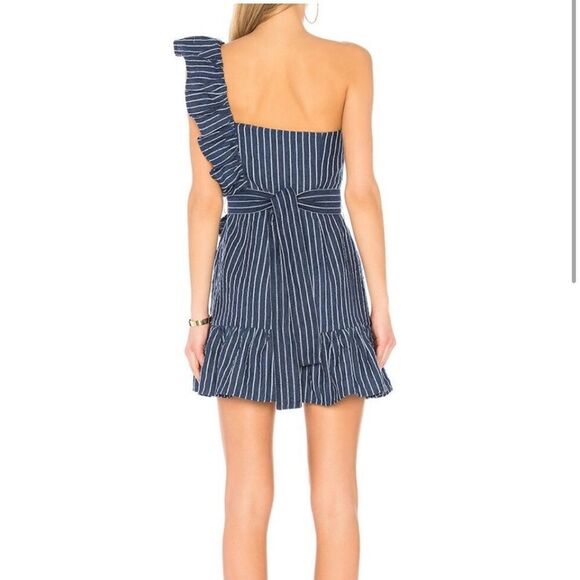 NEW Alexis Konner Striped One Shoulder Ruffle Denim Blue Mini Dress XS - Picture 3 of 10